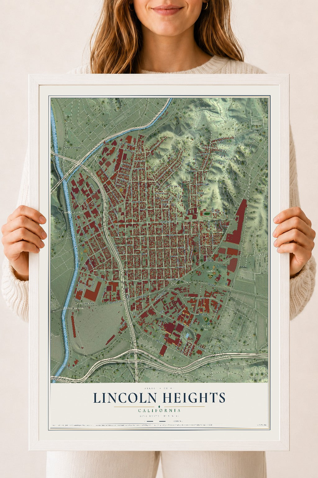 Map of Lincoln Heights, California, 18 x 24 inch print in a white wood frame