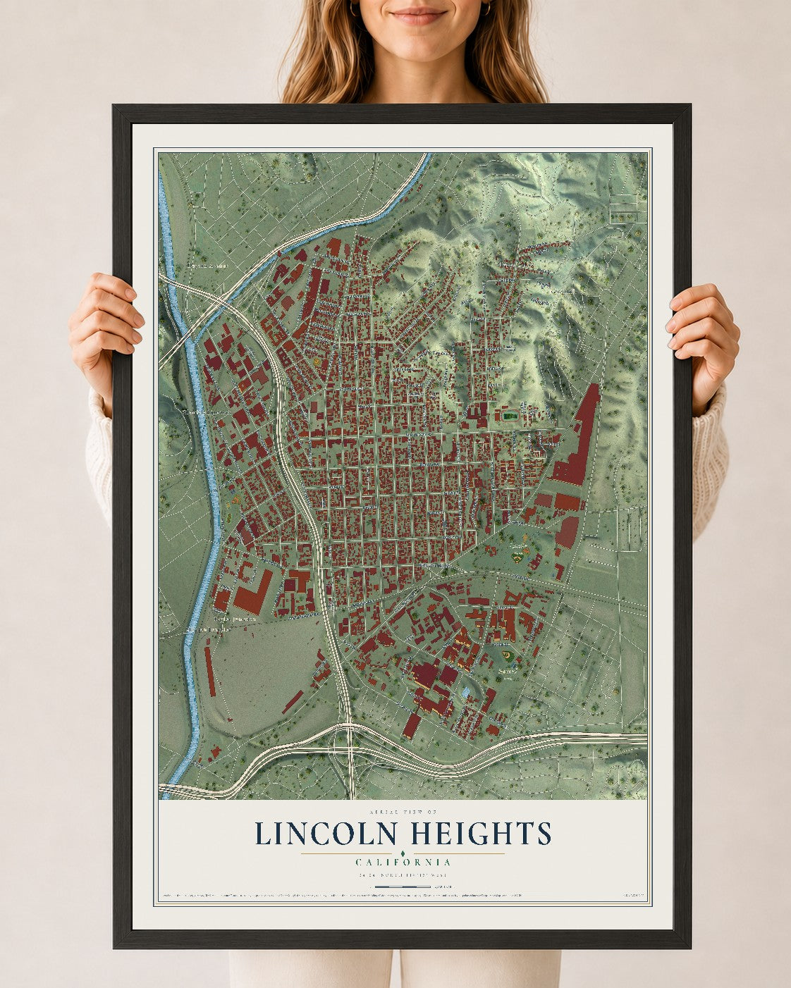 Map of Lincoln Heights, California, 24 x 36 inch print in a black wood frame