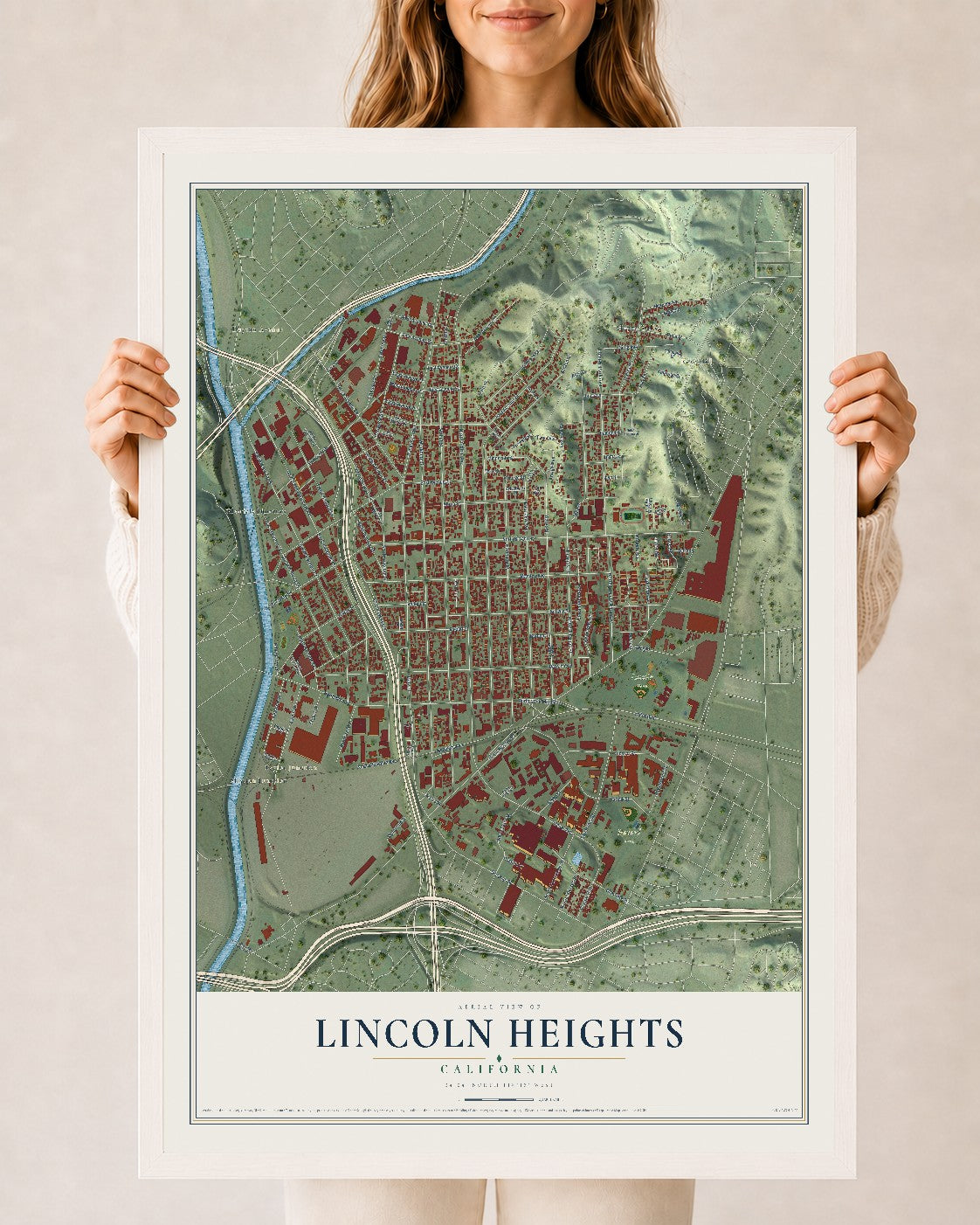 Map of Lincoln Heights, California, 24 x 36 inch print in a white wood frame