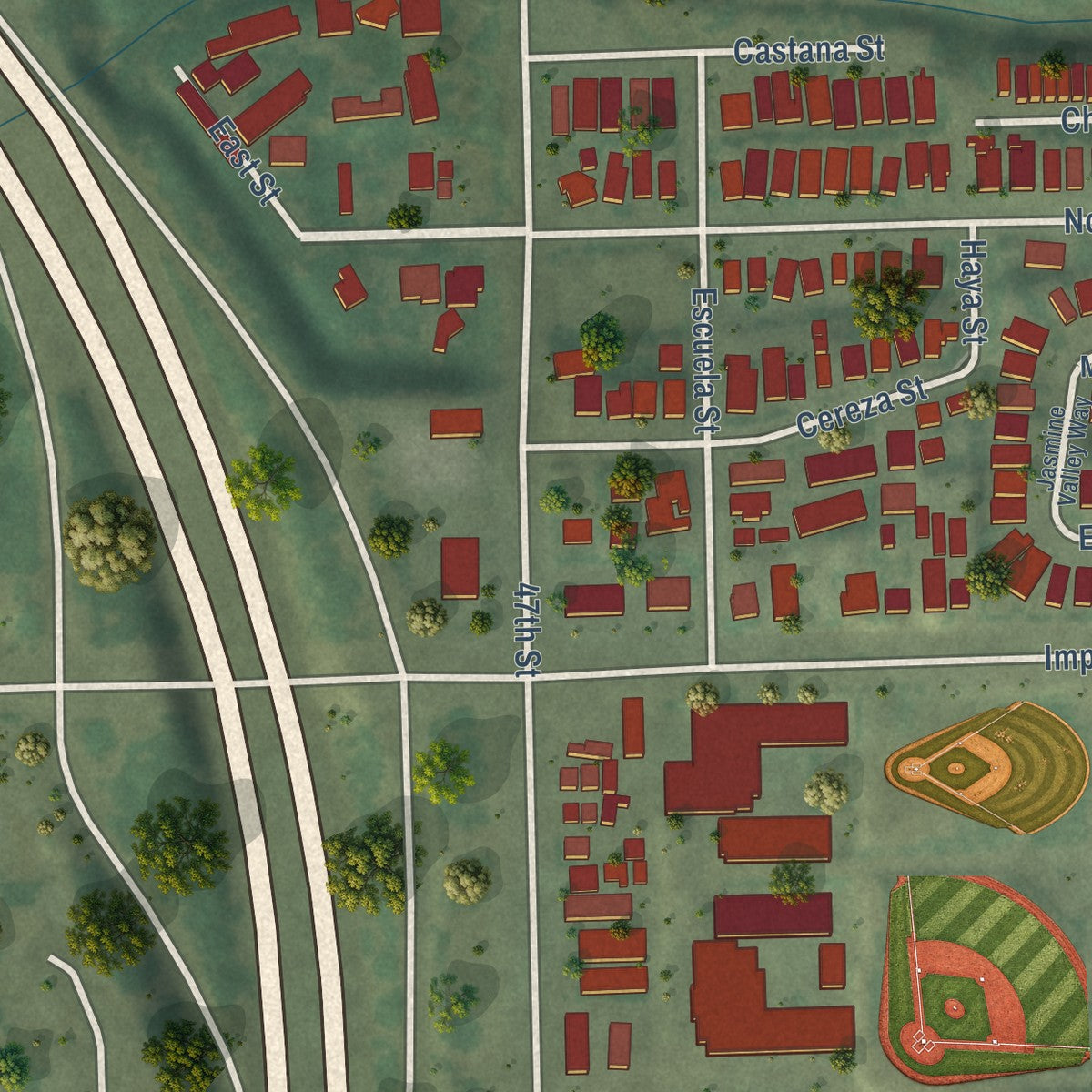 Close-up of the map of Lincoln Park, California print showing street and building detail
