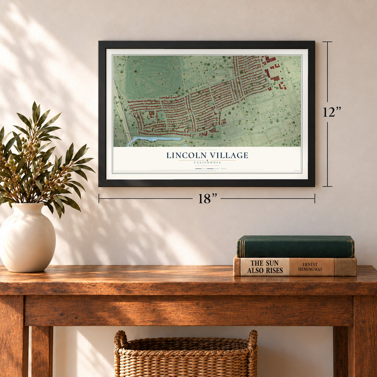 Lincoln Village, California map, 12 x 18 inch print in a black frame in an entryway