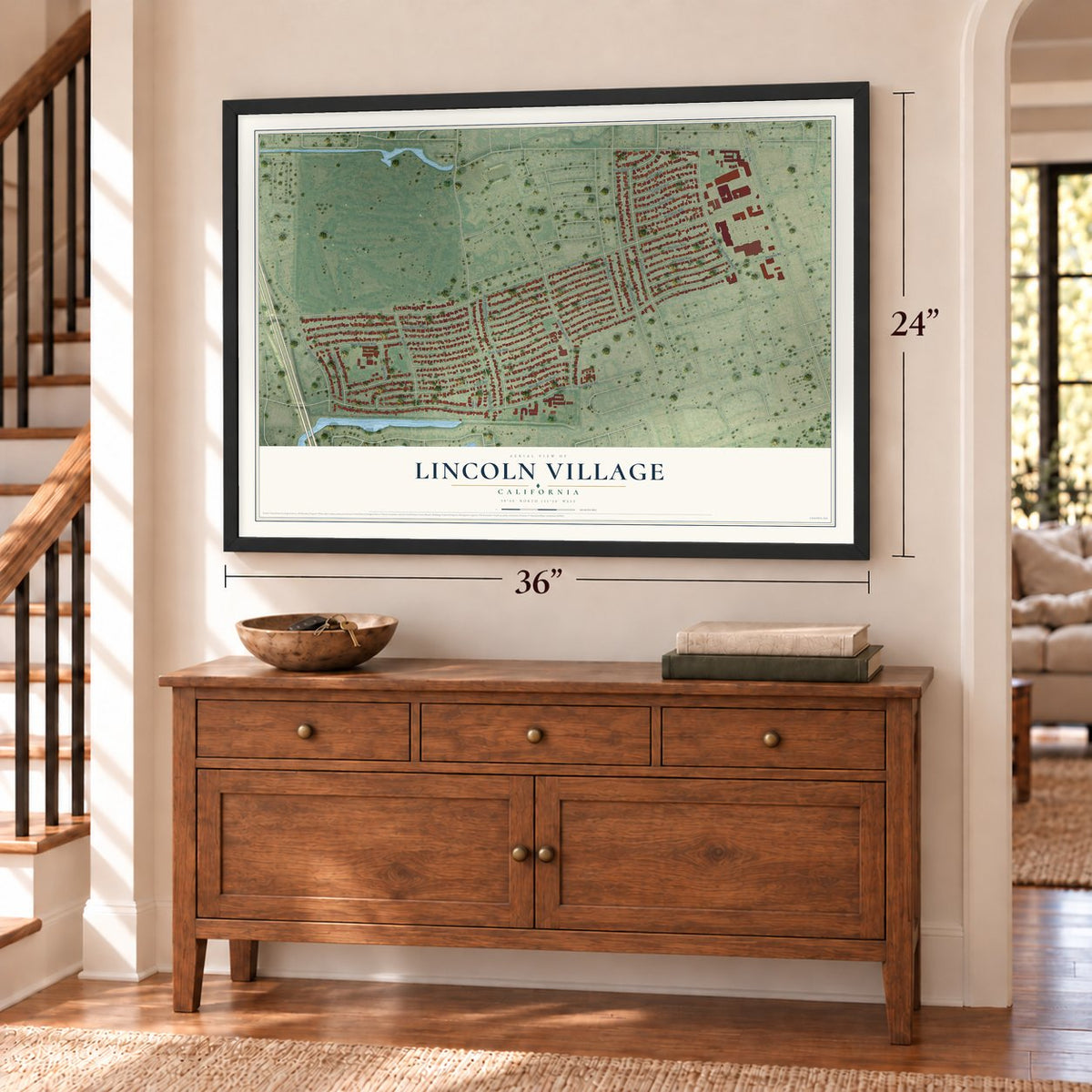 Lincoln Village, California map, 24 x 36 inch print in a black frame above a dresser by a staircase