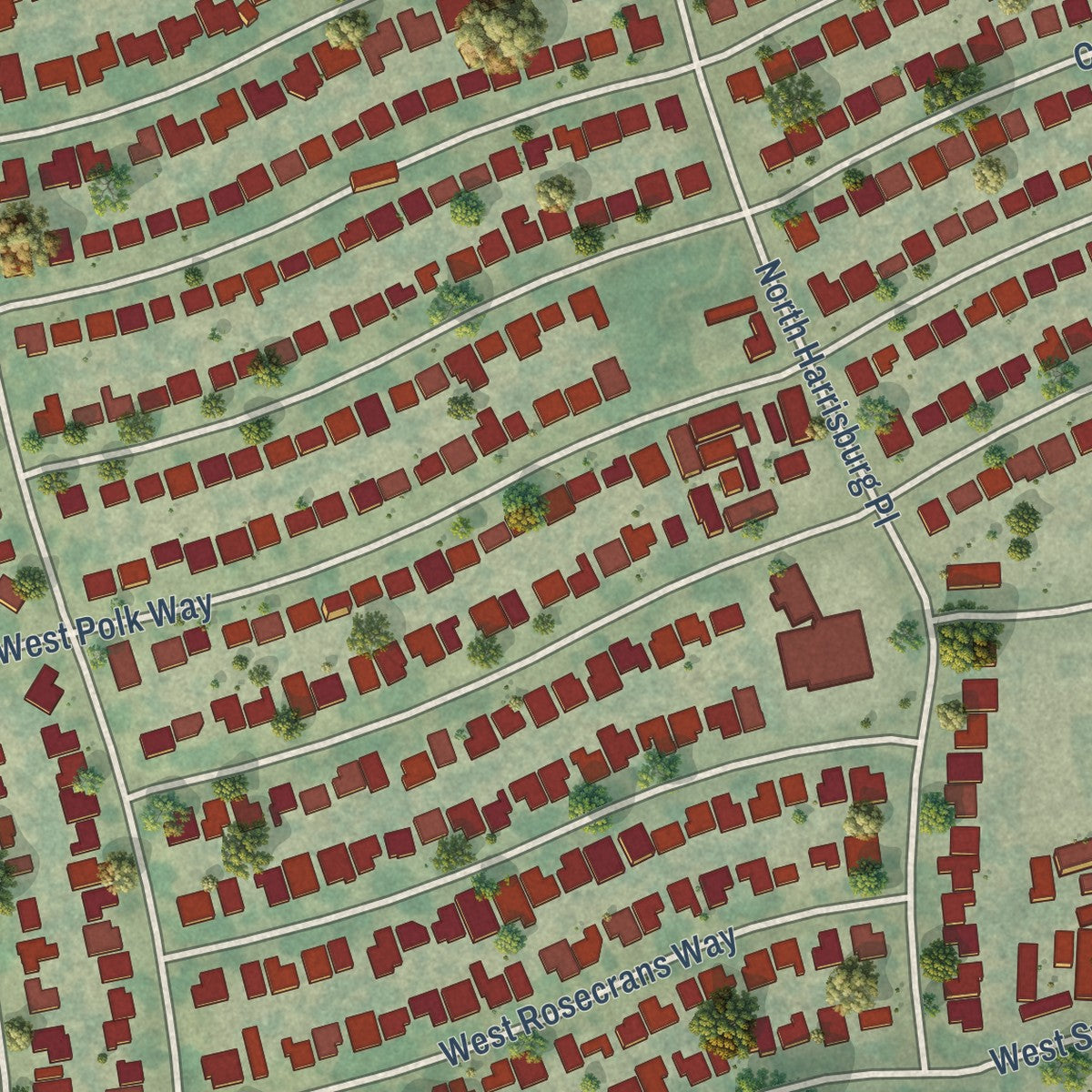 Close-up of the map of Lincoln Village, California print showing street and building detail