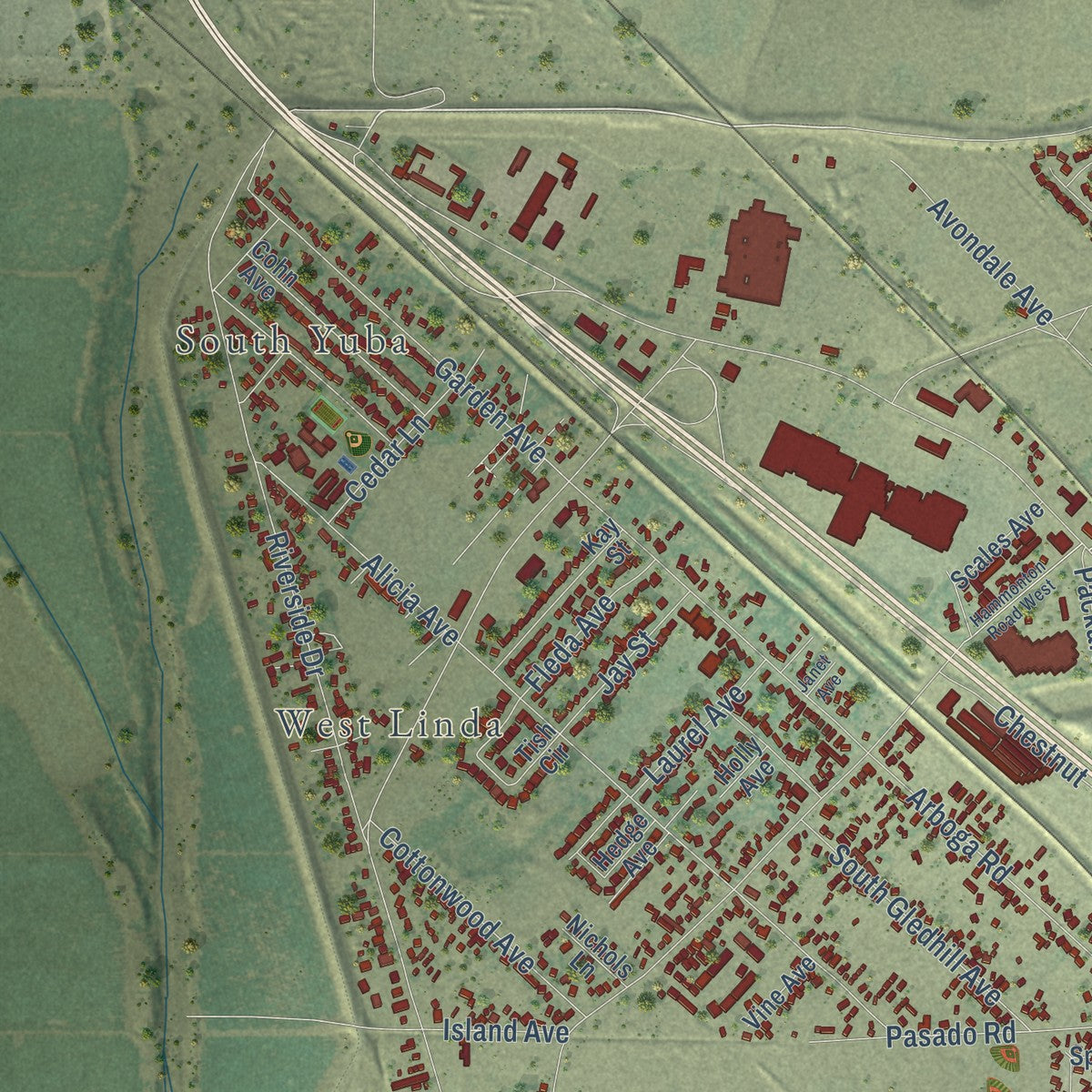 Second close-up of the map of Linda, California print showing more streets and buildings