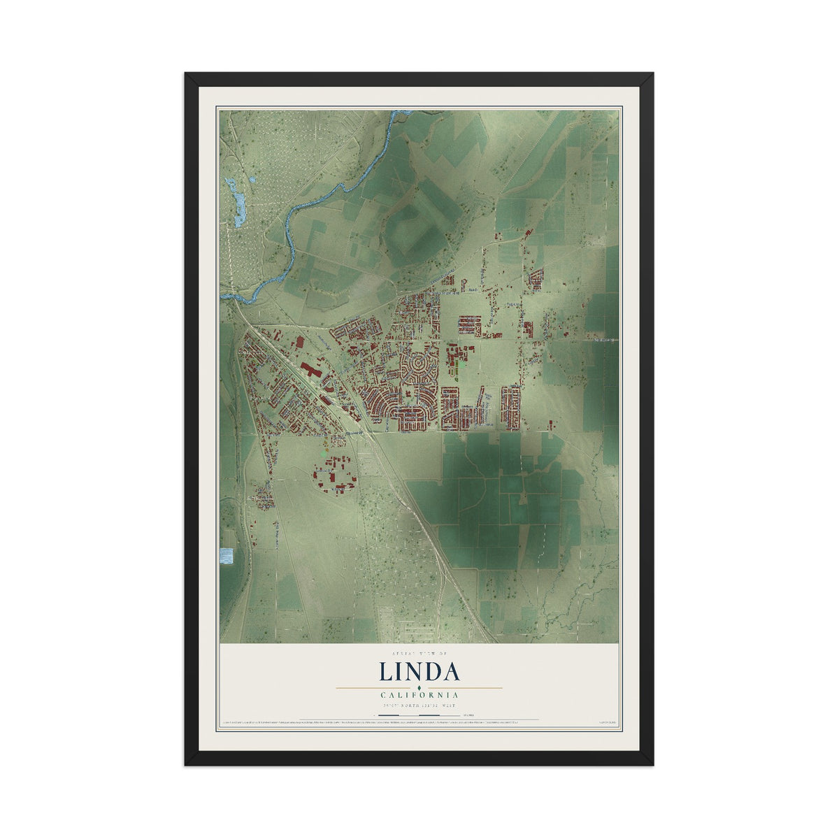 Map of Linda, California, 12 x 18 inch print in a black wood frame