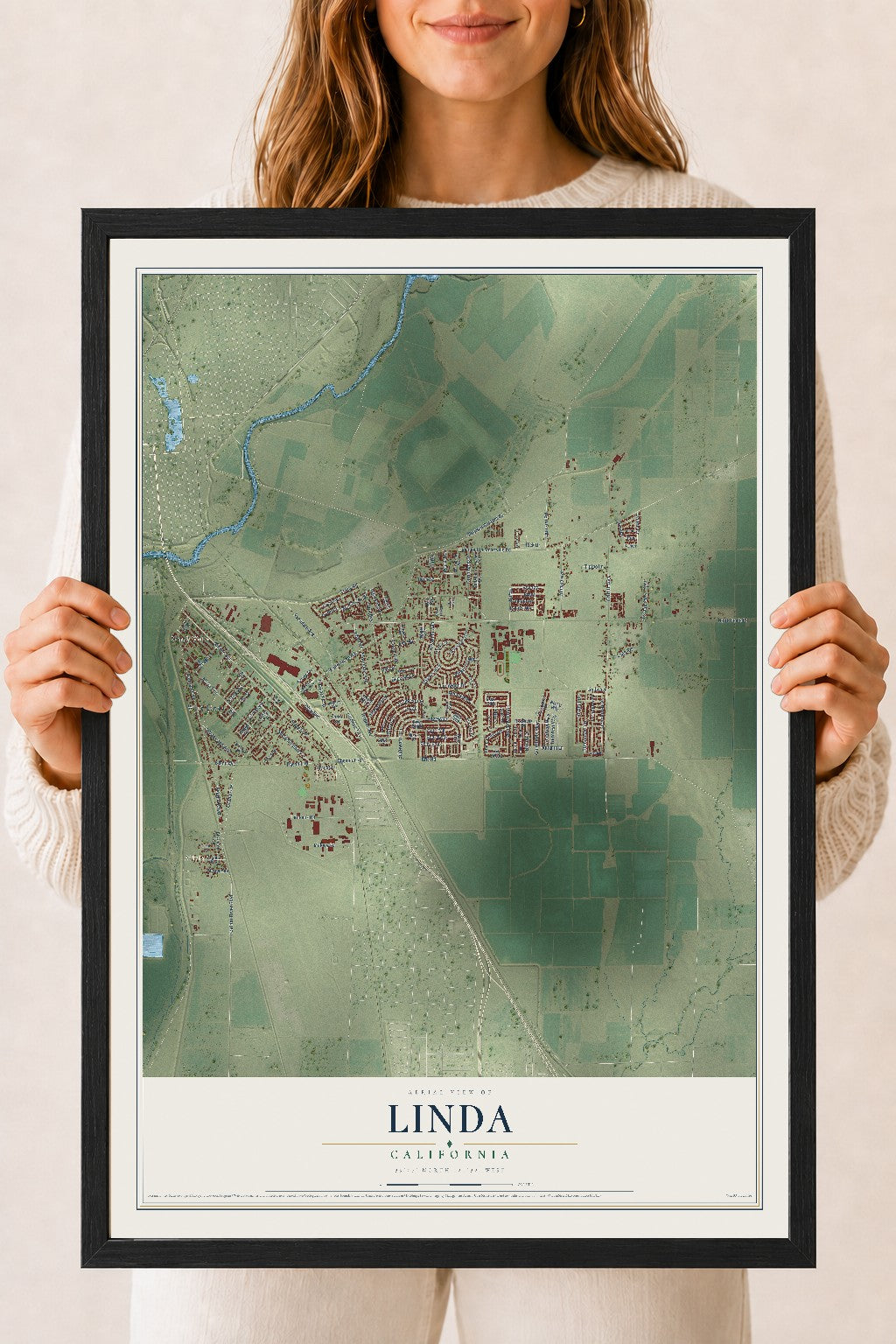 Map of Linda, California, 18 x 24 inch print in a black wood frame