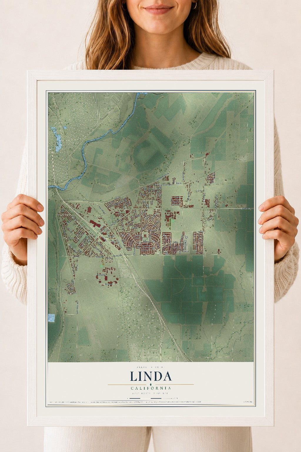 Map of Linda, California, 18 x 24 inch print in a white wood frame