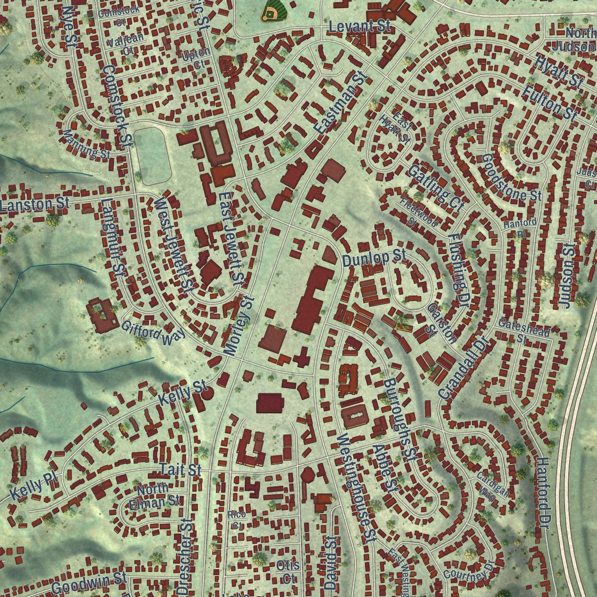 Close-up of the map of Linda Vista, California print showing street and building detail