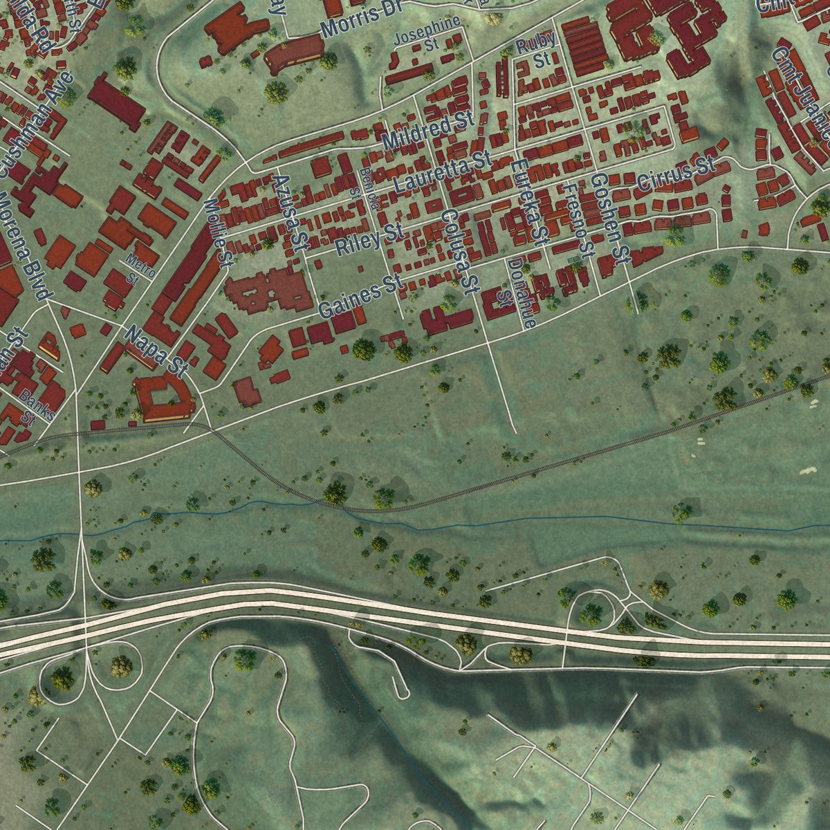 Second close-up of the map of Linda Vista, California print showing more streets and buildings