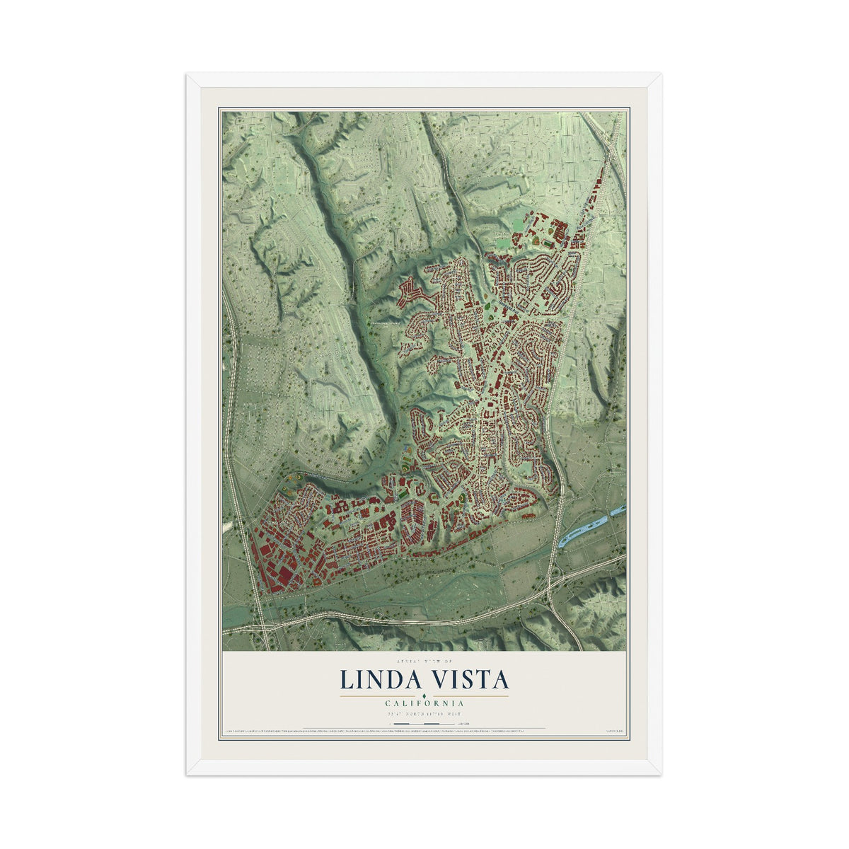 Map of Linda Vista, California, 12 x 18 inch print in a white wood frame