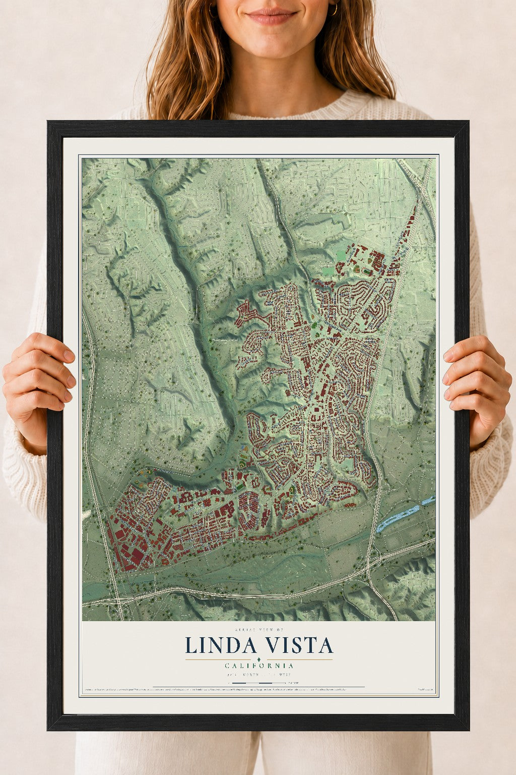 Map of Linda Vista, California, 18 x 24 inch print in a black wood frame