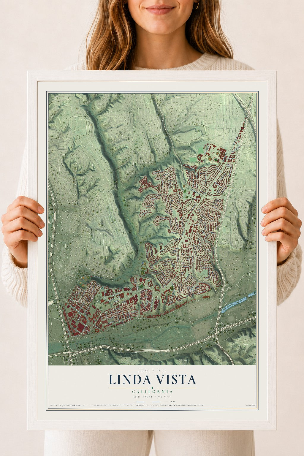 Map of Linda Vista, California, 18 x 24 inch print in a white wood frame