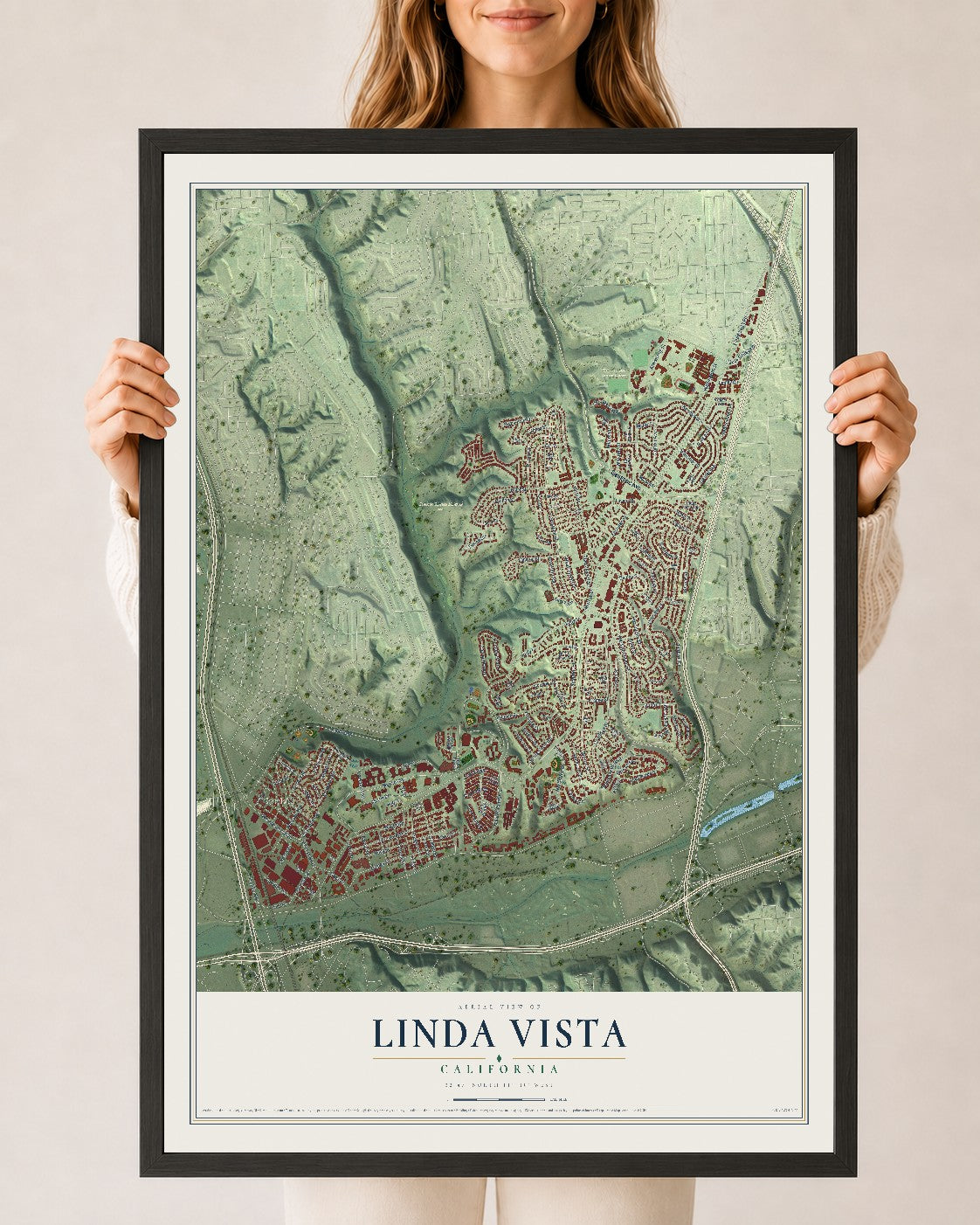 Map of Linda Vista, California, 24 x 36 inch print in a black wood frame
