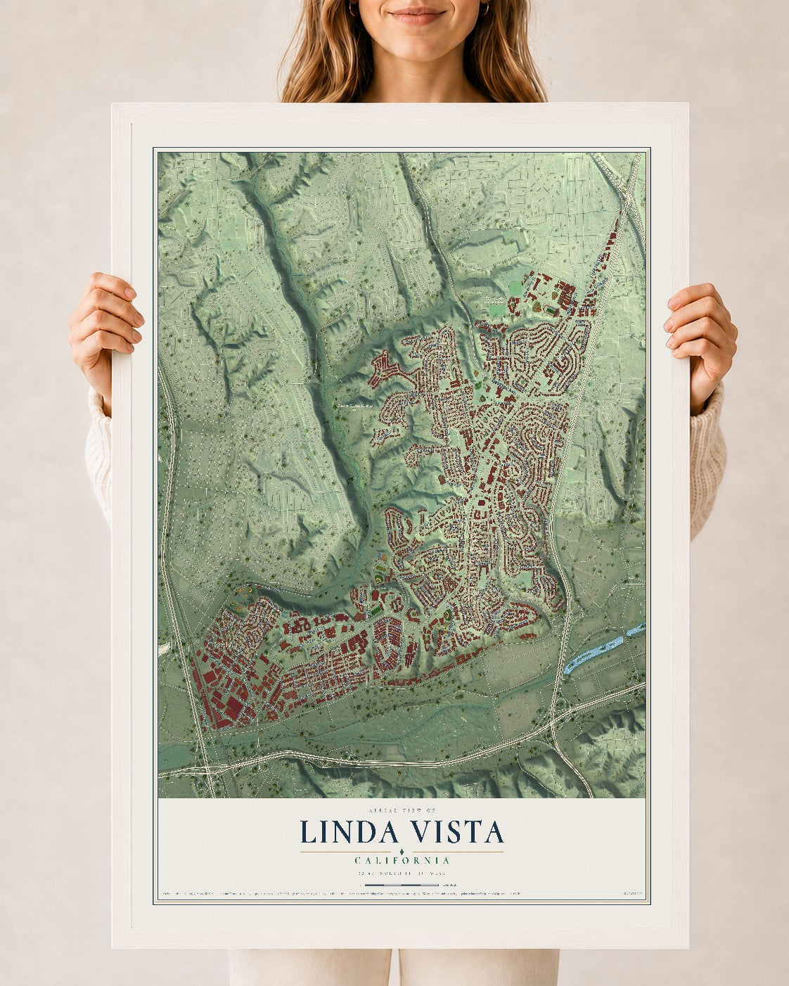Map of Linda Vista, California, 24 x 36 inch print in a white wood frame