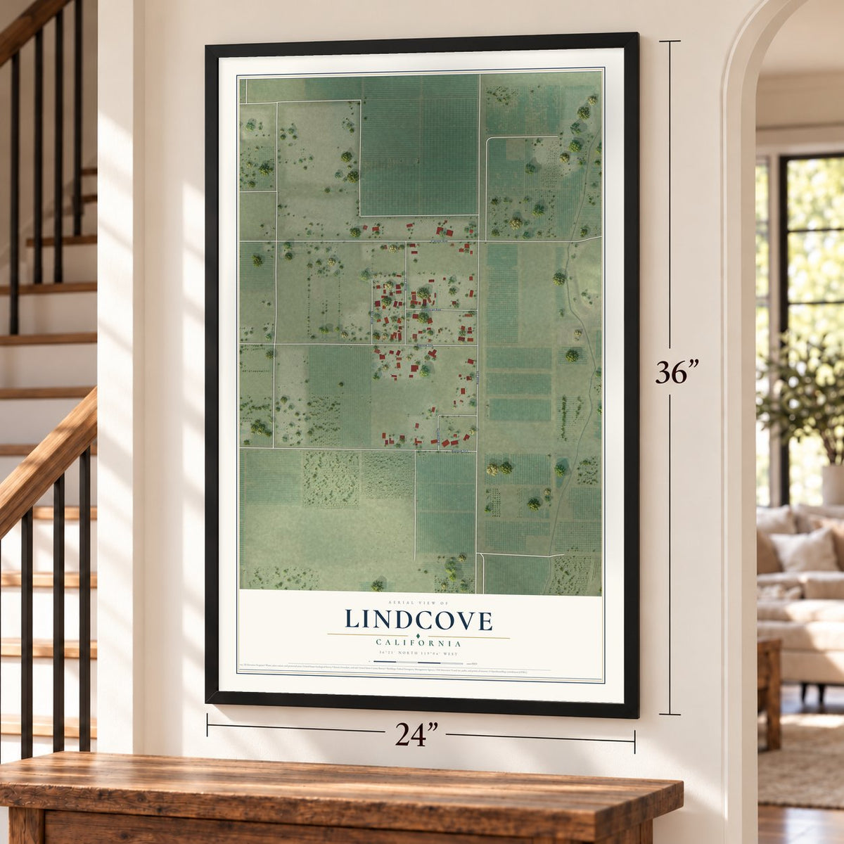 Lindcove, California map, 24 x 36 inch print in a black frame by a staircase