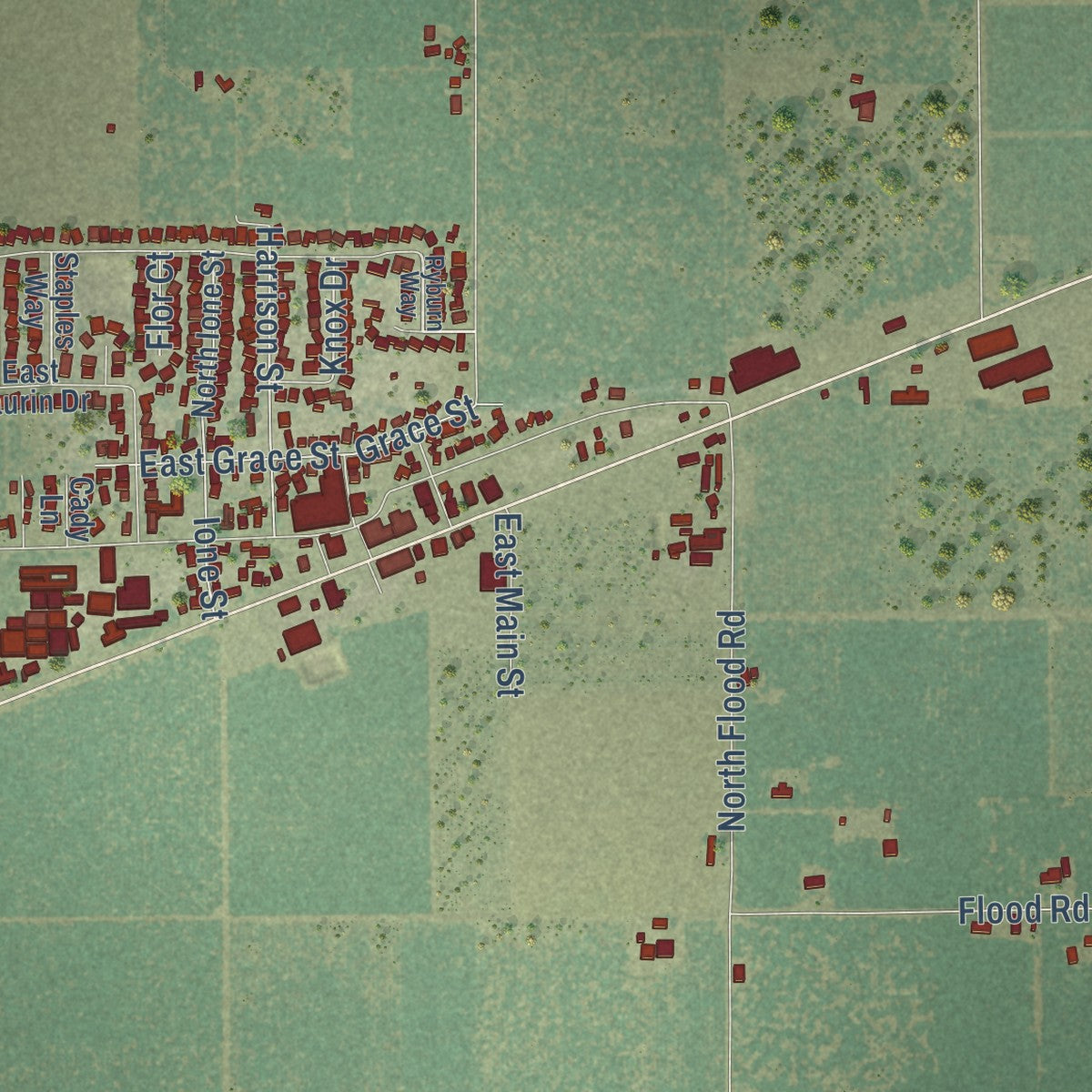 Close-up of the map of Linden, California print showing street and building detail