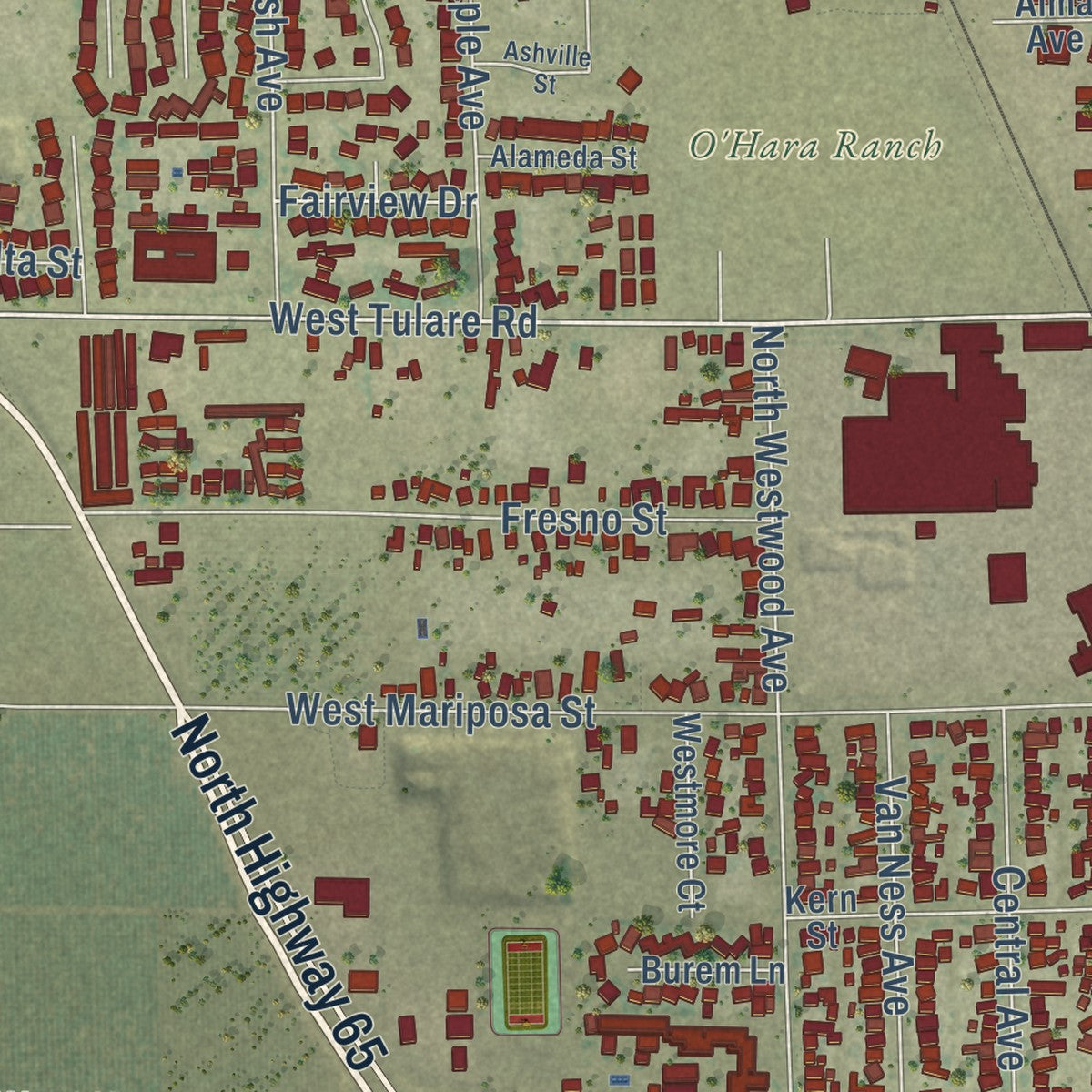 Second close-up of the map of Lindsay, California print showing more streets and buildings