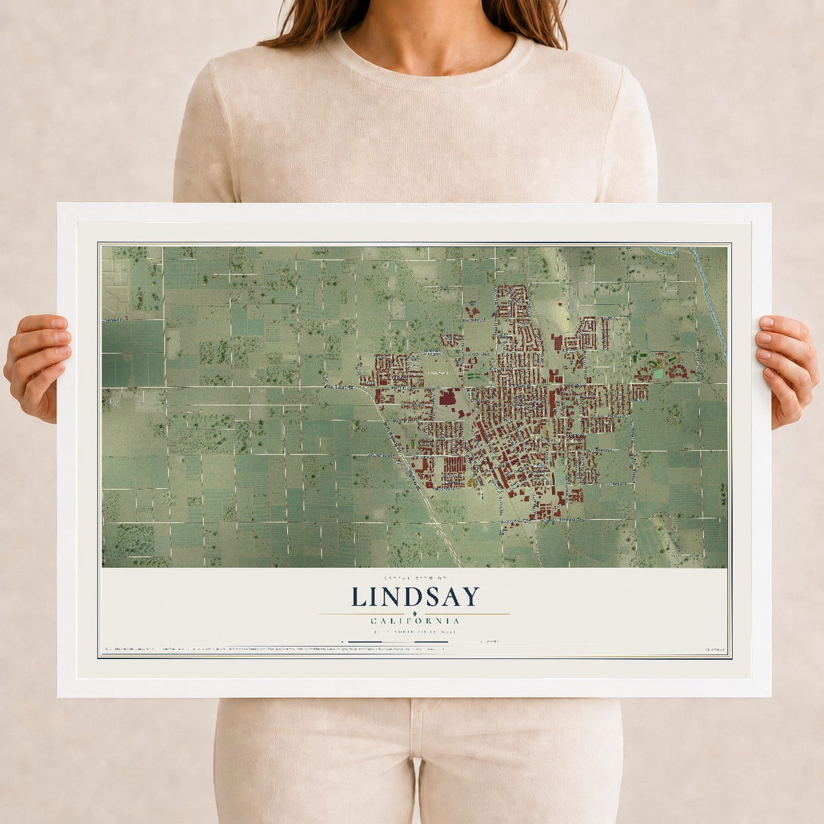 Map of Lindsay, California, 12 x 18 inch print in a white wood frame