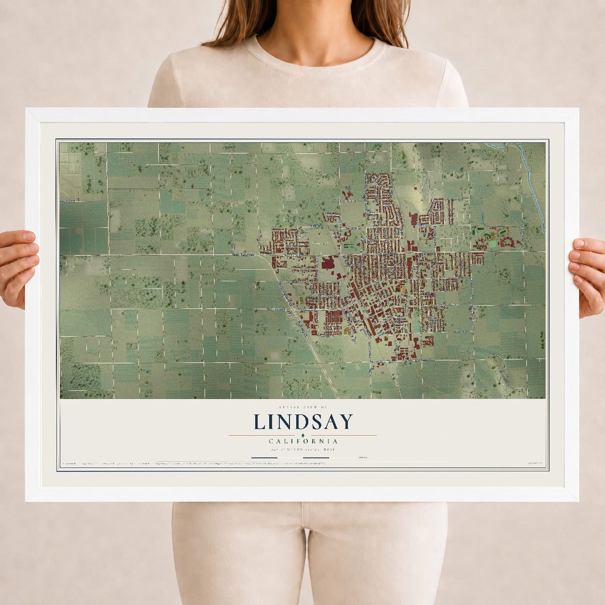 Map of Lindsay, California, 18 x 24 inch print in a white wood frame