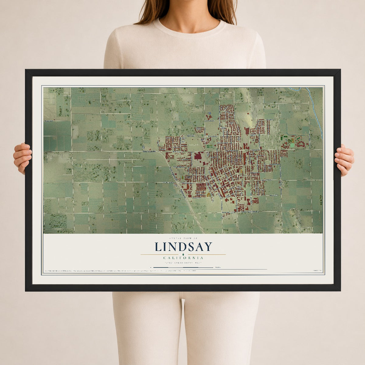 Map of Lindsay, California, 24 x 36 inch print in a black wood frame
