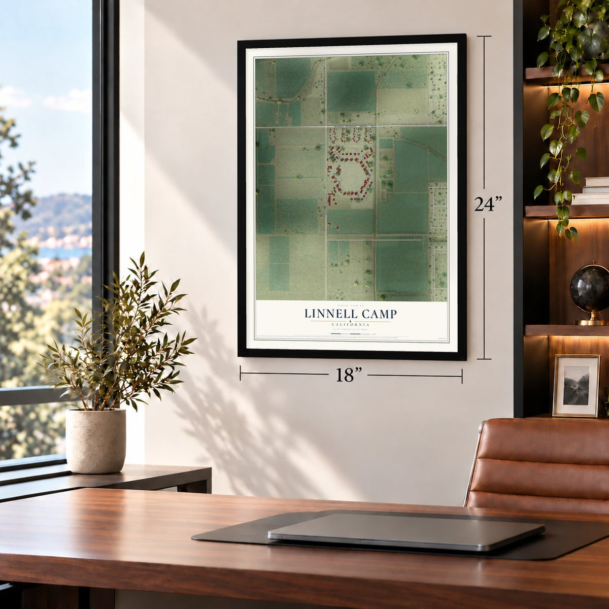 Linnell Camp, California map, 18 x 24 inch print in a black frame in a home office