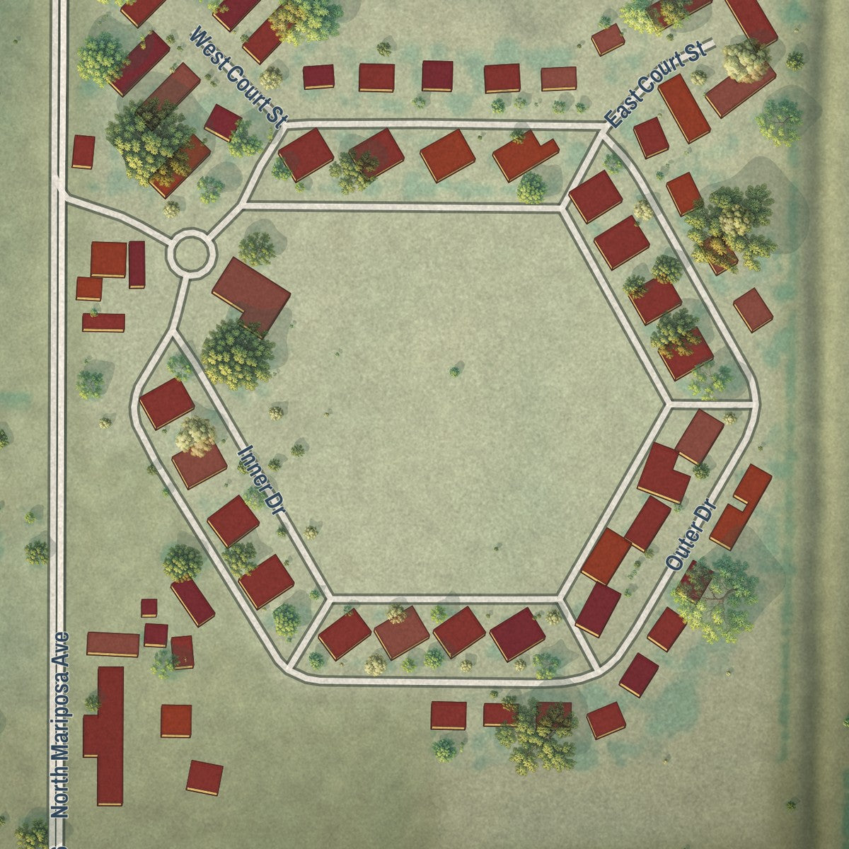 Close-up of the map of Linnell Camp, California print showing street and building detail
