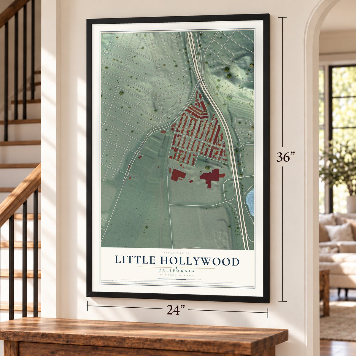 Little Hollywood, California map, 24 x 36 inch print in a black frame by a staircase