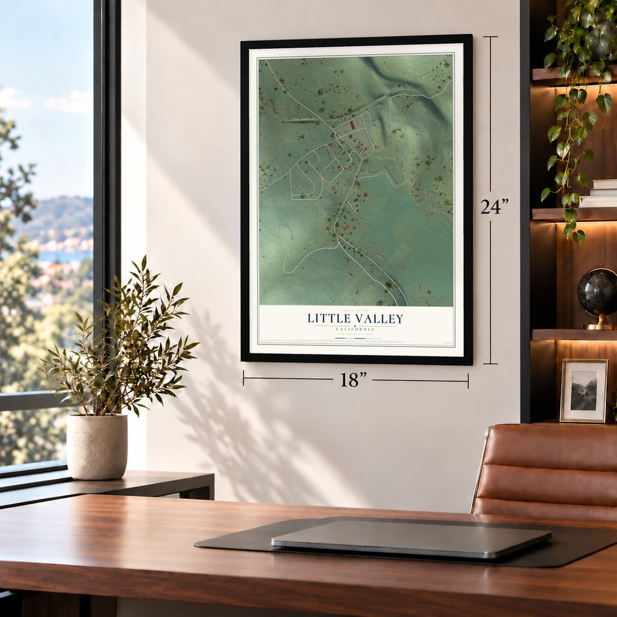 Little Valley, California map, 18 x 24 inch print in a black frame in a home office
