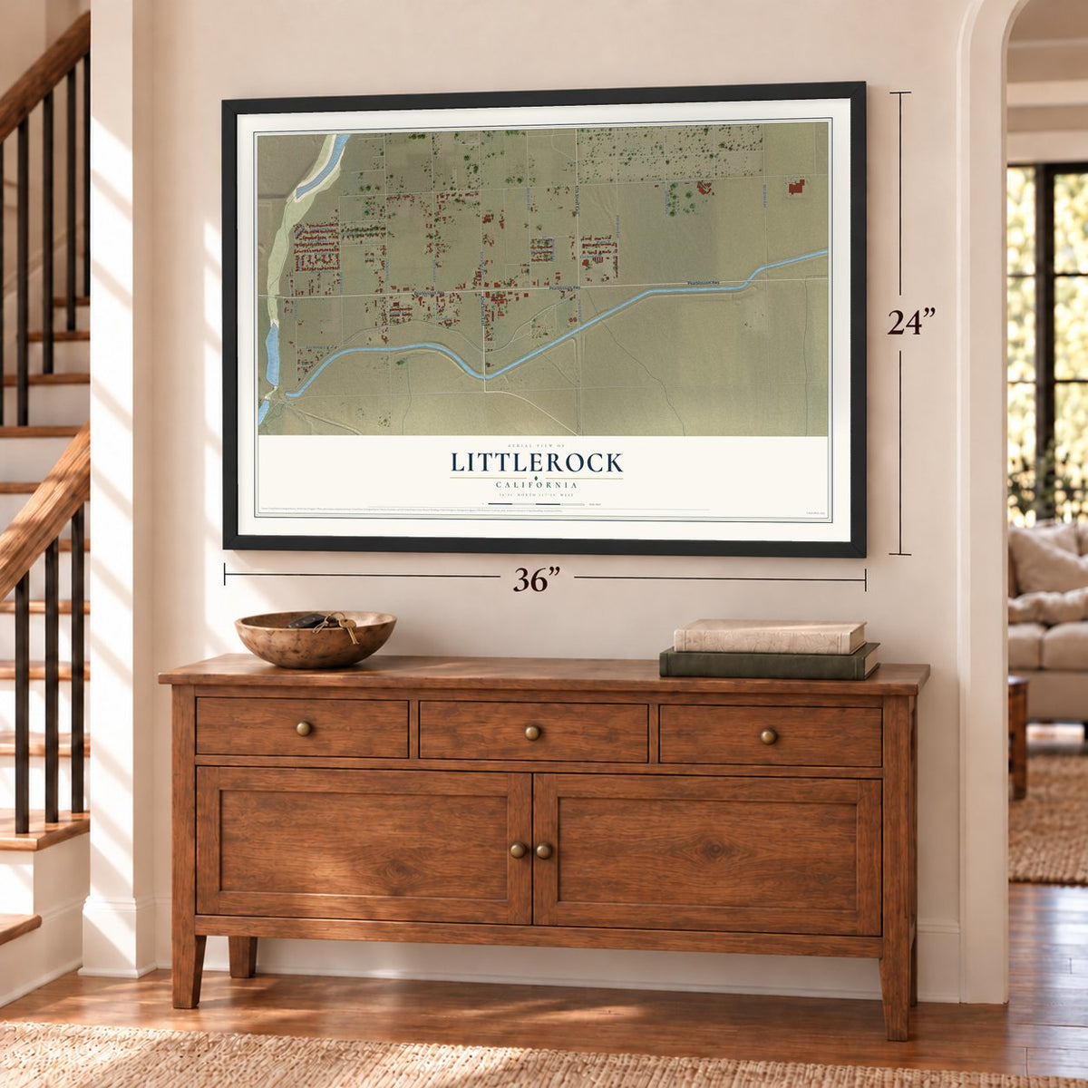 Littlerock, California map, 24 x 36 inch print in a black frame above a dresser by a staircase