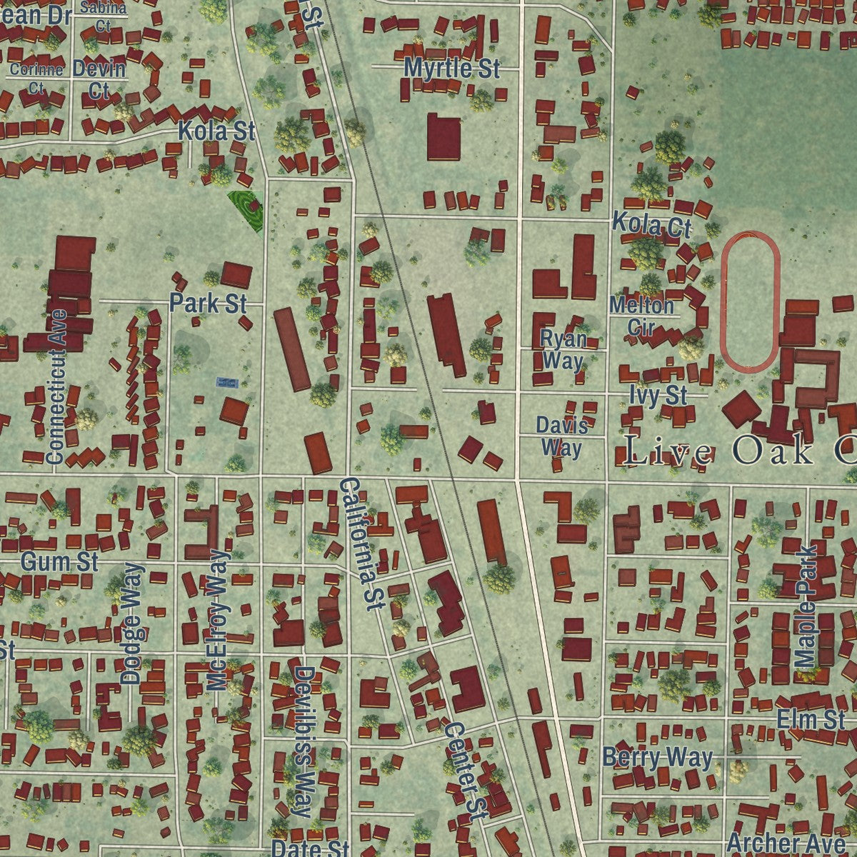 Close-up of the map of Live Oak, Sutter County, California print showing street and building detail