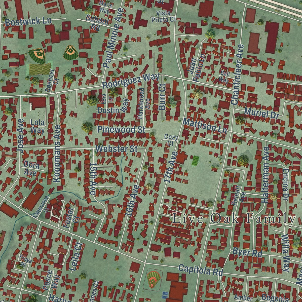 Close-up of the map of Live Oak, Santa Cruz County, California print showing street and building detail