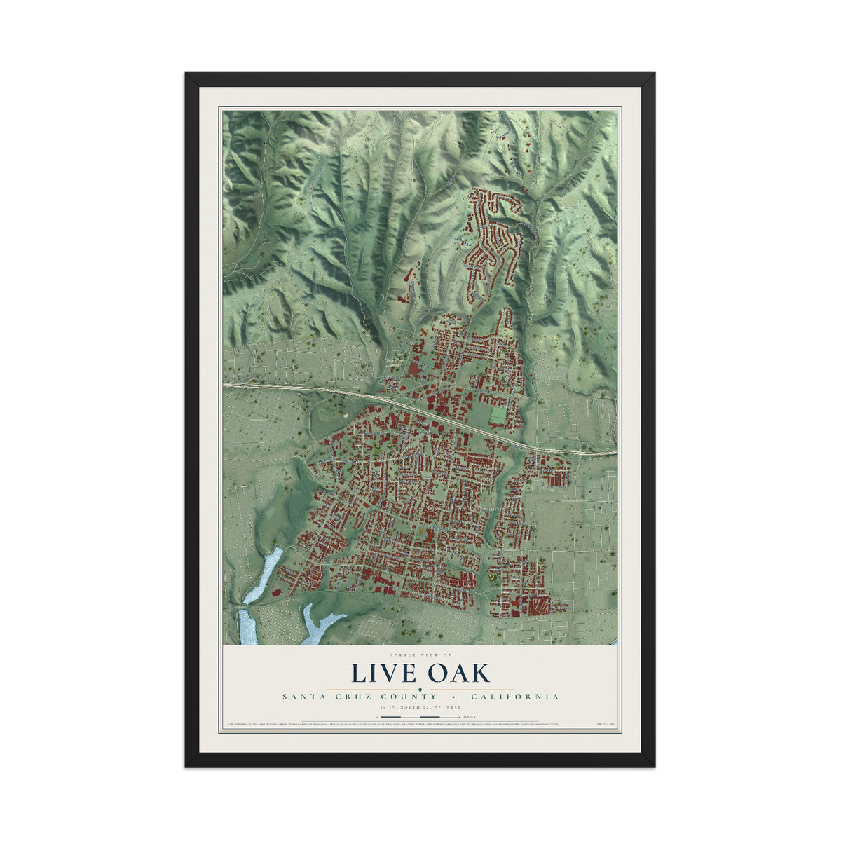Map of Live Oak, Santa Cruz County, California, 12 x 18 inch print in a black wood frame