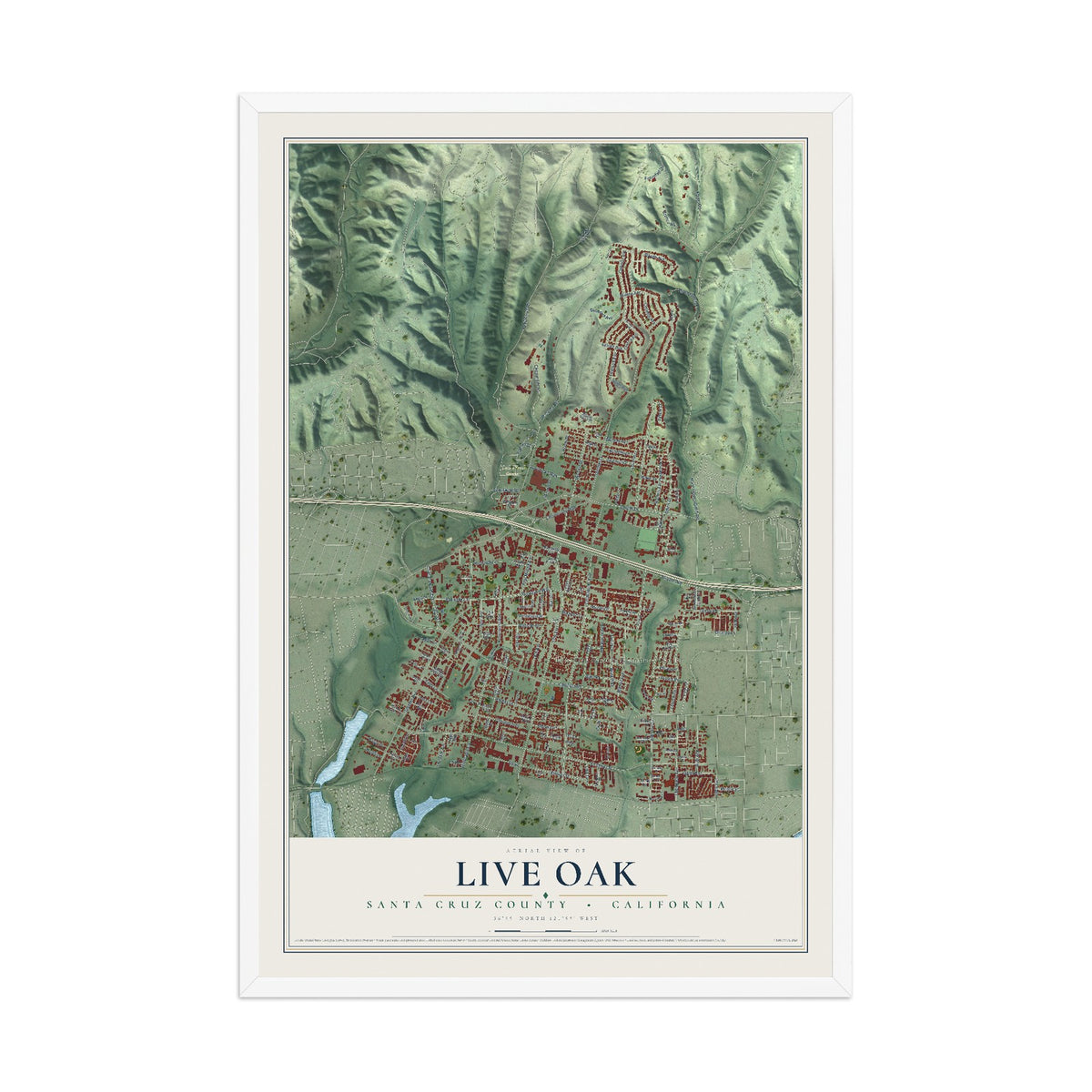 Map of Live Oak, Santa Cruz County, California, 12 x 18 inch print in a white wood frame