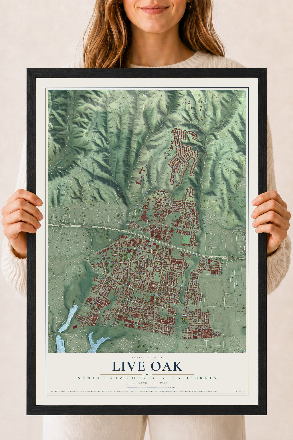 Map of Live Oak, Santa Cruz County, California, 18 x 24 inch print in a black wood frame