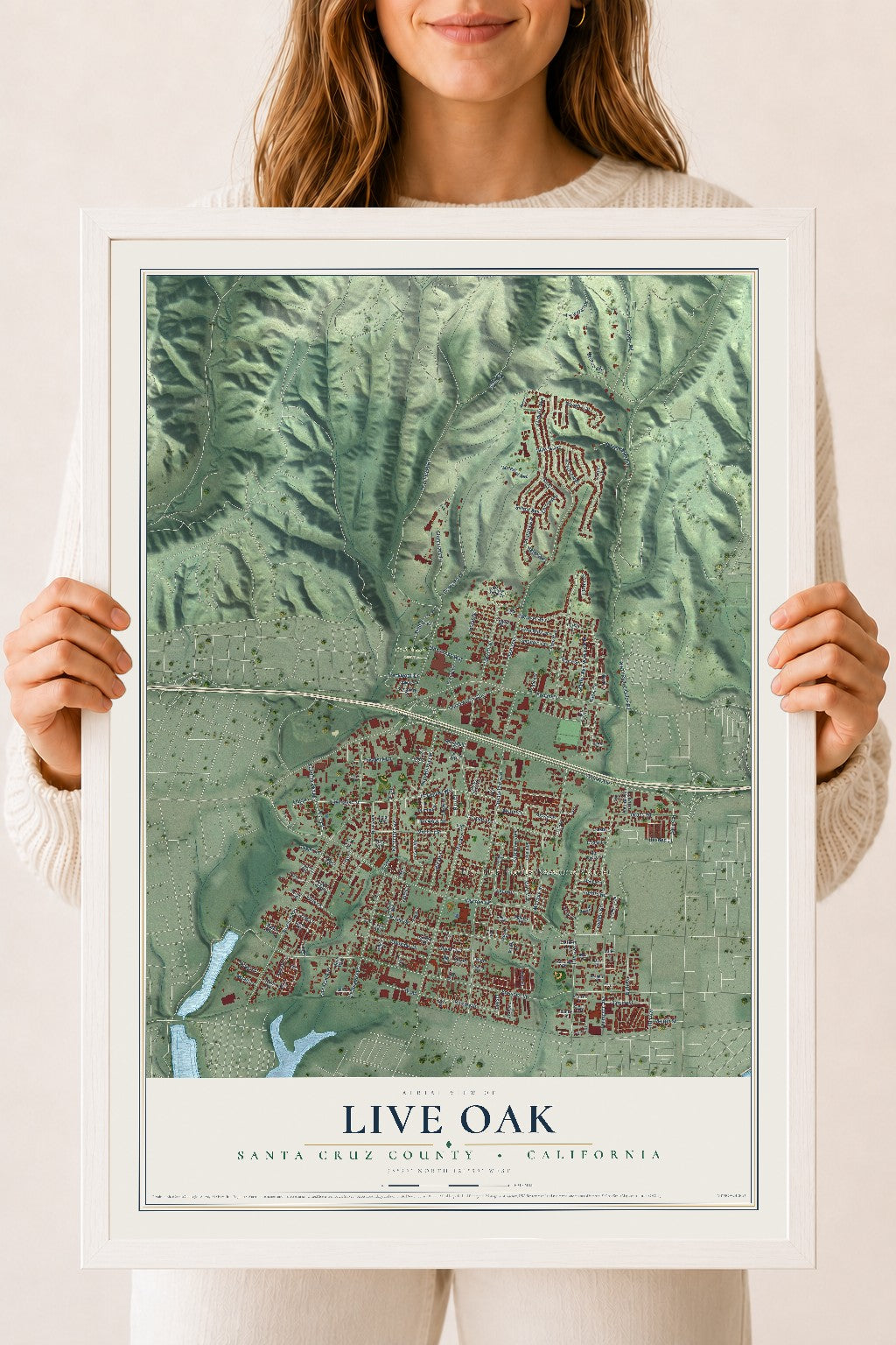 Map of Live Oak, Santa Cruz County, California, 18 x 24 inch print in a white wood frame
