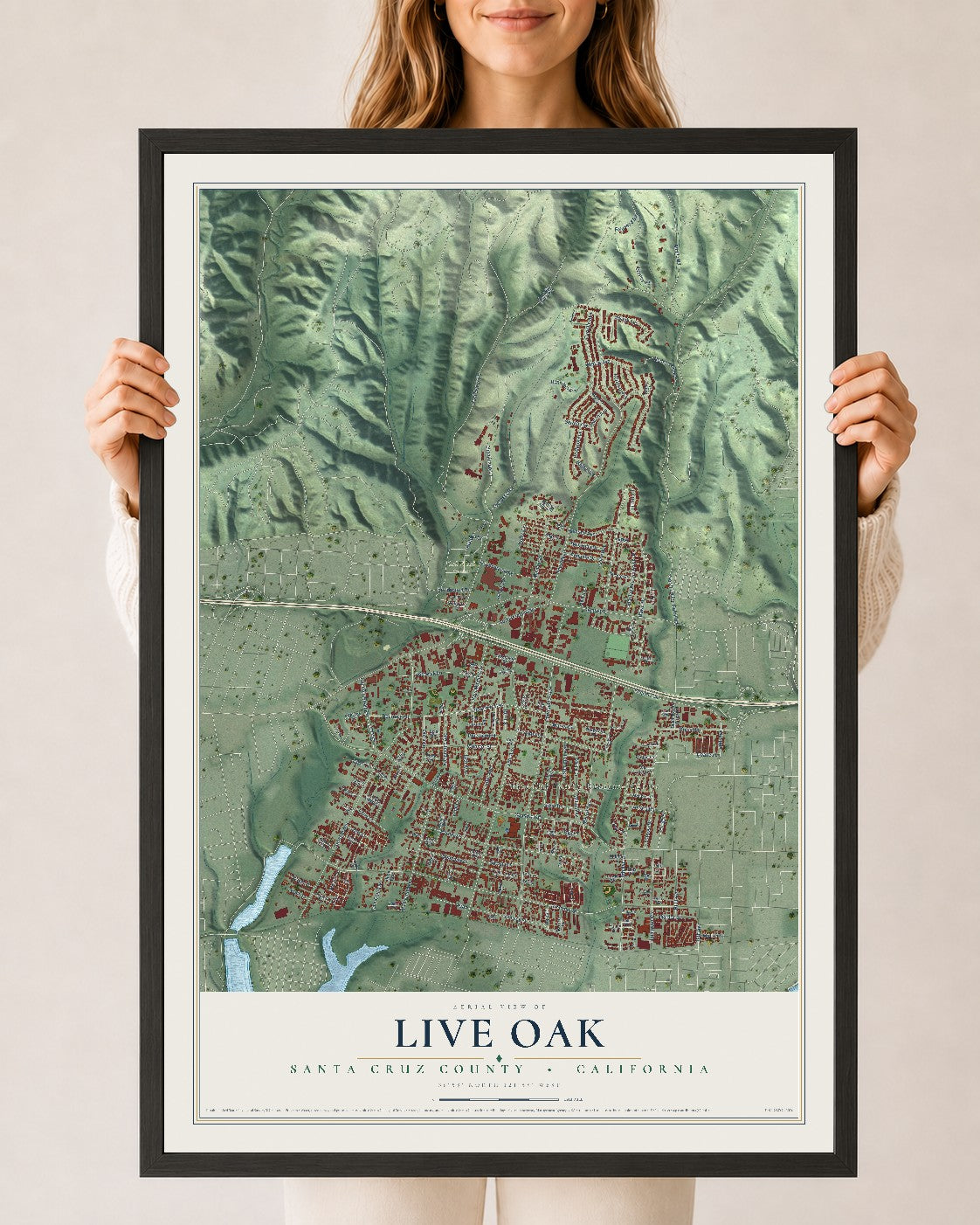 Map of Live Oak, Santa Cruz County, California, 24 x 36 inch print in a black wood frame