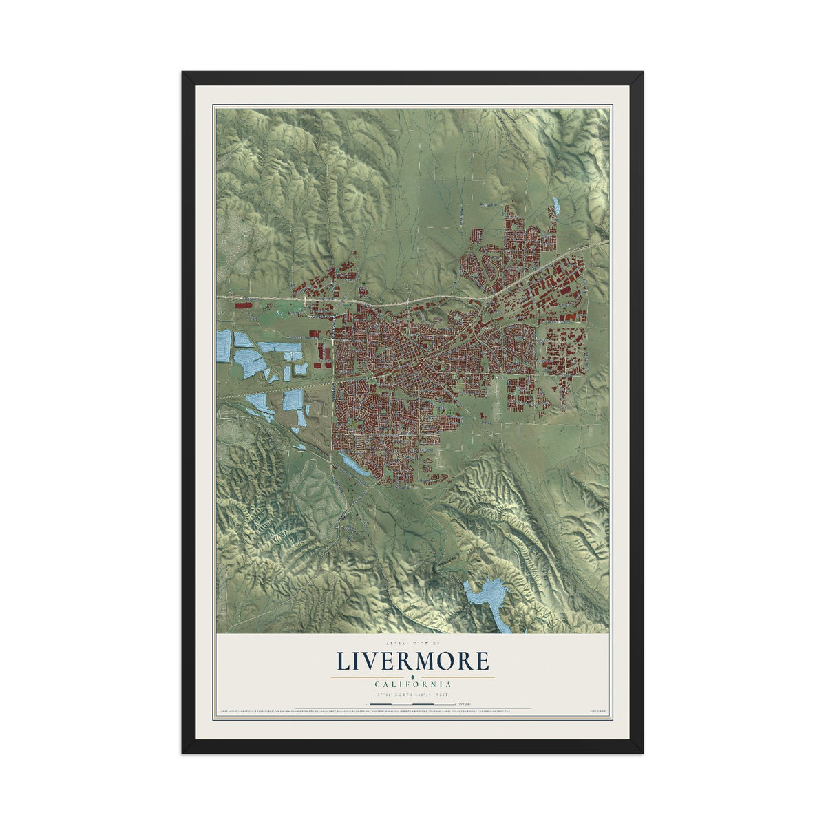Map of Livermore, California, 12 x 18 inch print in a black wood frame