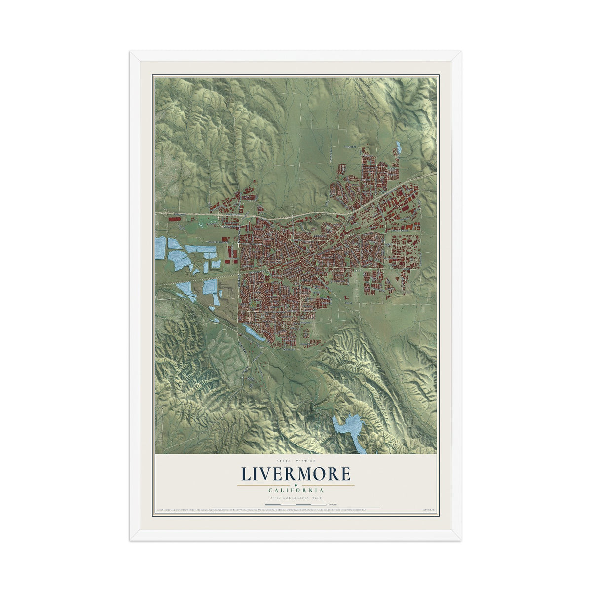 Map of Livermore, California, 12 x 18 inch print in a white wood frame