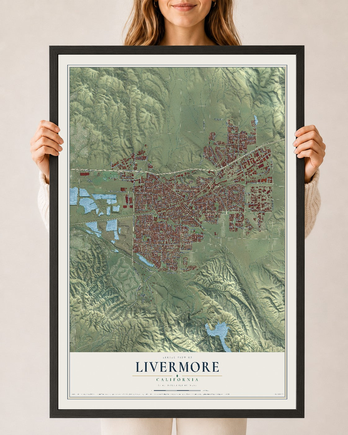 Map of Livermore, California, 24 x 36 inch print in a black wood frame