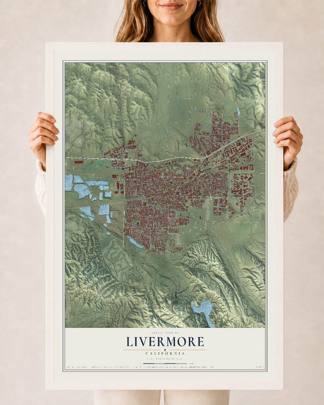 Map of Livermore, California, 24 x 36 inch print in a white wood frame