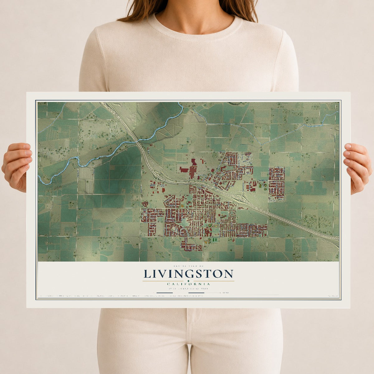 Map of Livingston, California, 12 x 18 inch unframed archival matte print