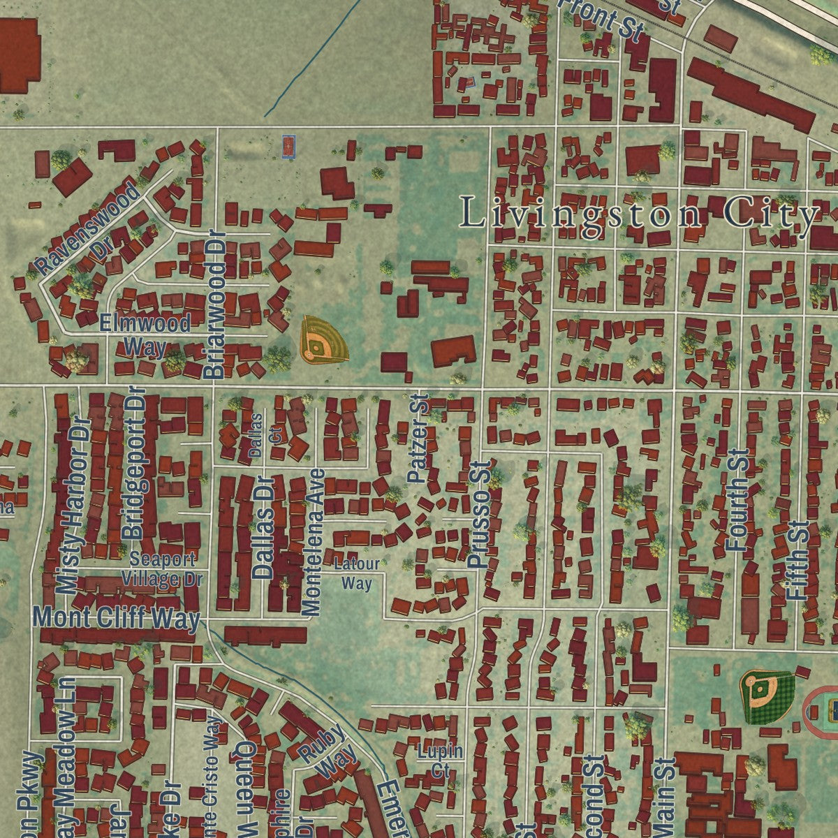 Close-up of the map of Livingston, California print showing street and building detail