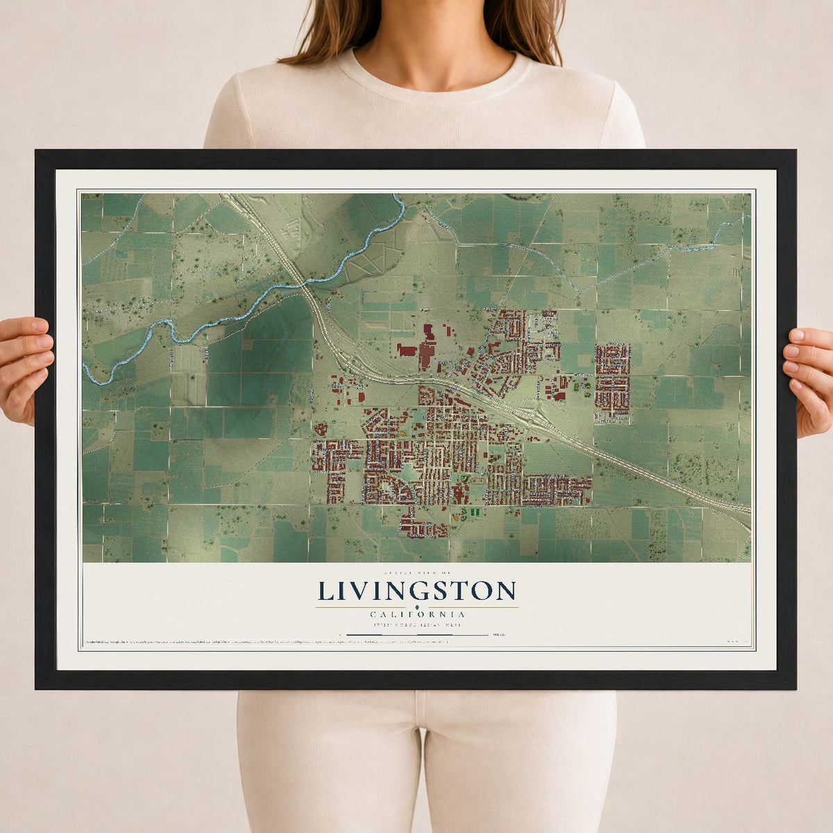 Map of Livingston, California, 18 x 24 inch print in a black wood frame