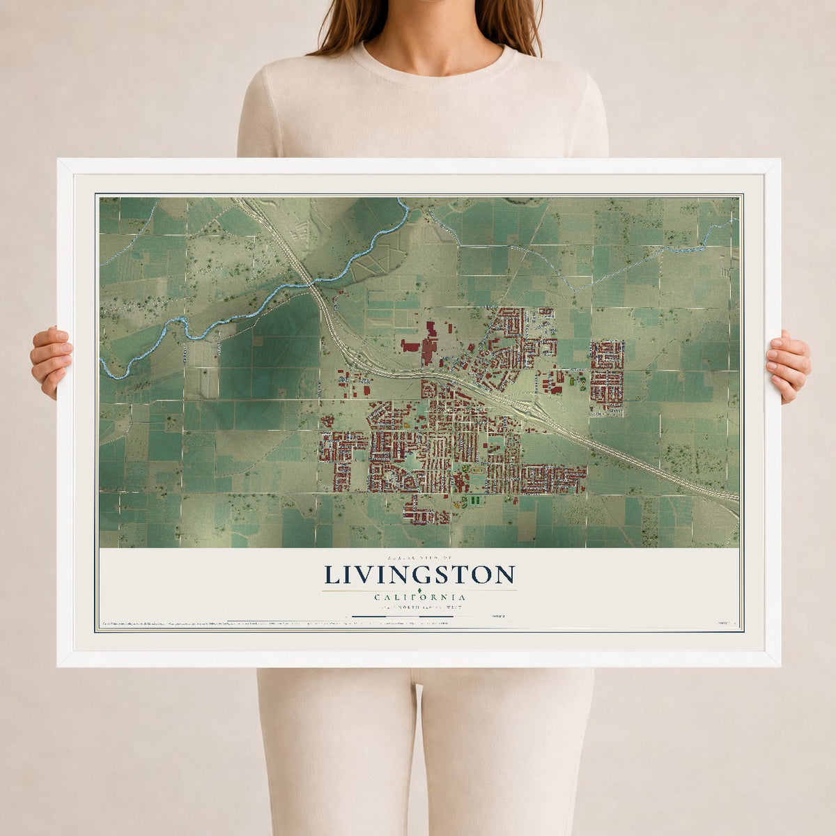 Map of Livingston, California, 24 x 36 inch print in a white wood frame