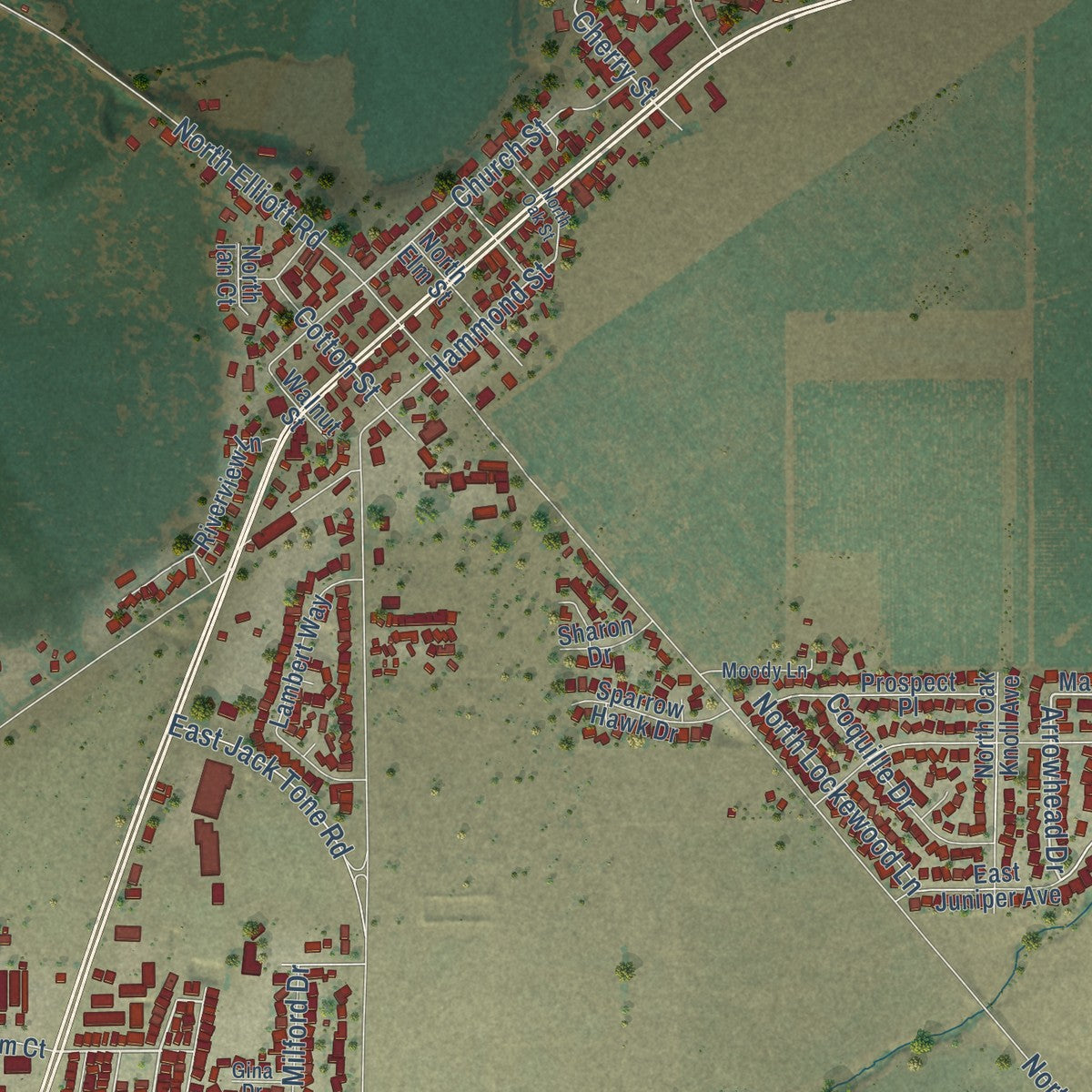 Close-up of the map of Lockeford, California print showing street and building detail