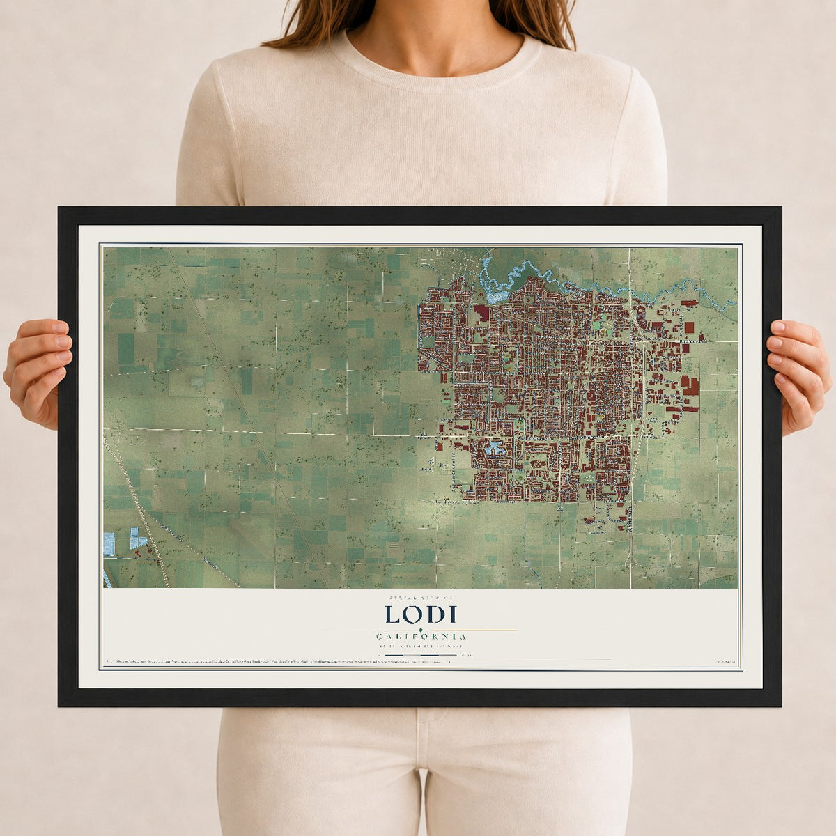 Map of Lodi, California, 12 x 18 inch print in a black wood frame