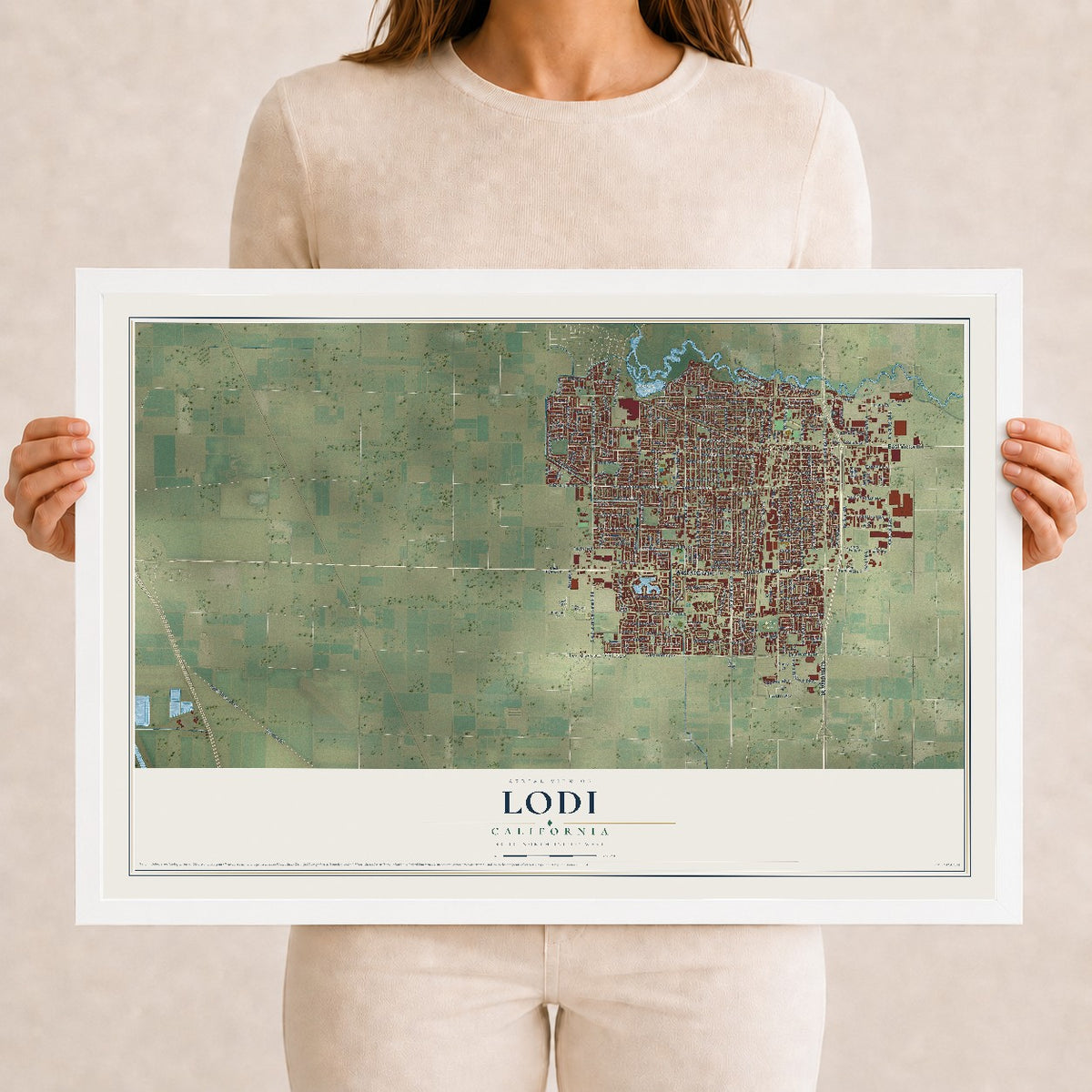 Map of Lodi, California, 12 x 18 inch print in a white wood frame
