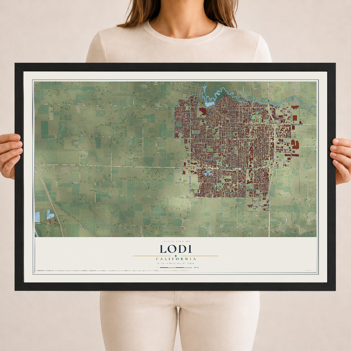 Map of Lodi, California, 18 x 24 inch print in a black wood frame