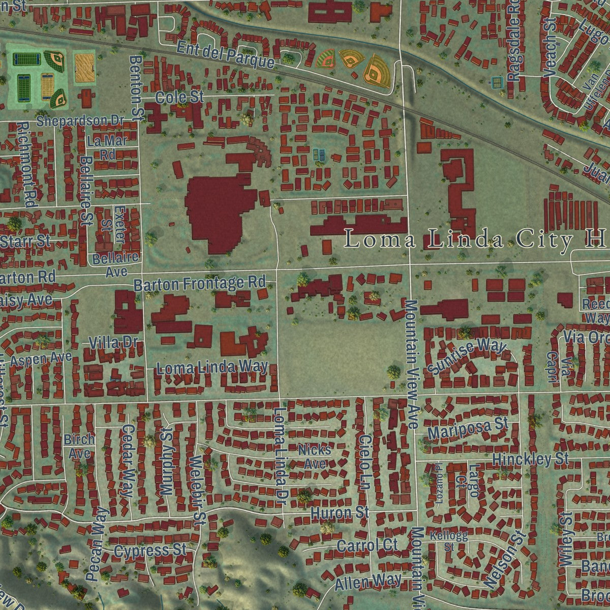 Second close-up of the map of Loma Linda, California print showing more streets and buildings