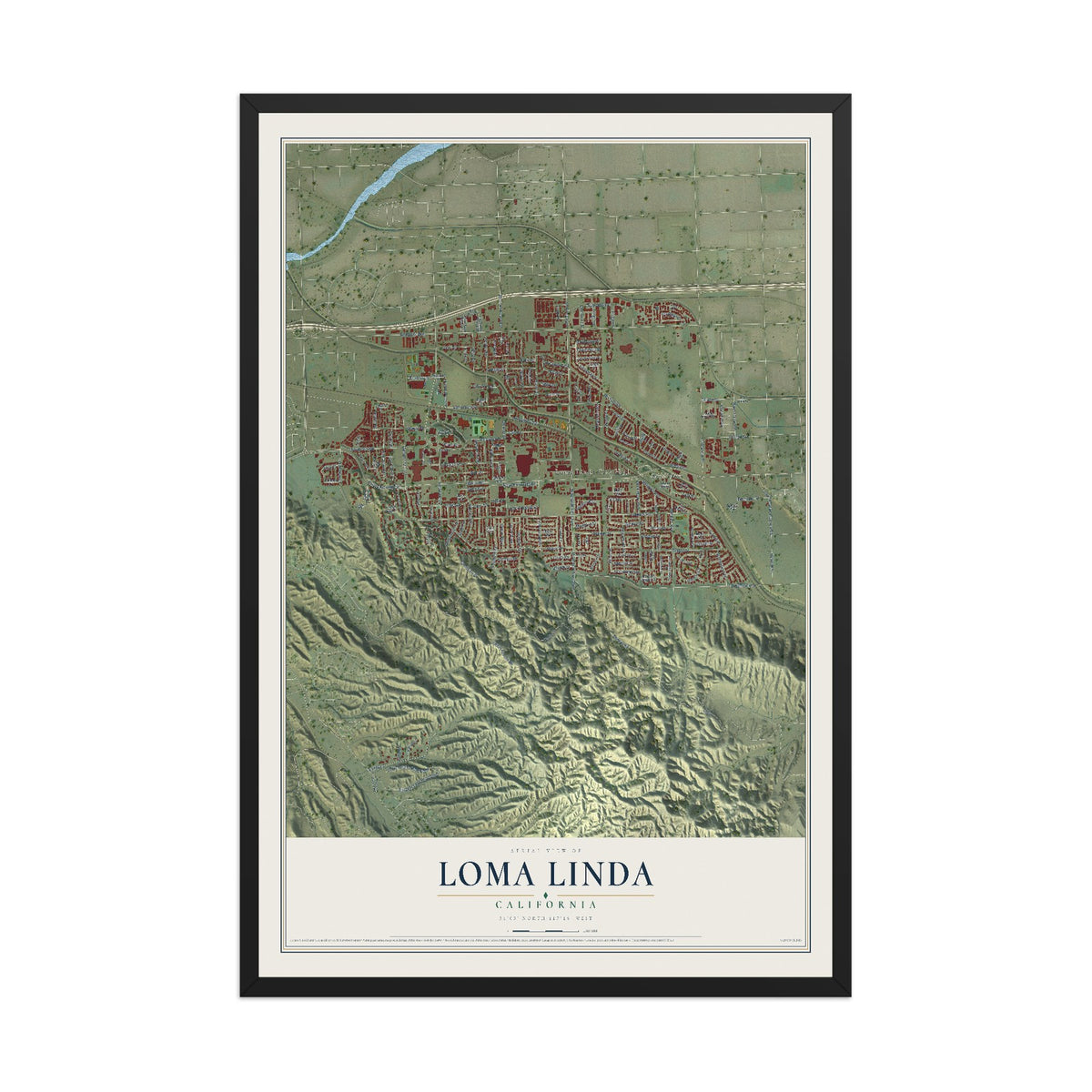 Map of Loma Linda, California, 12 x 18 inch print in a black wood frame